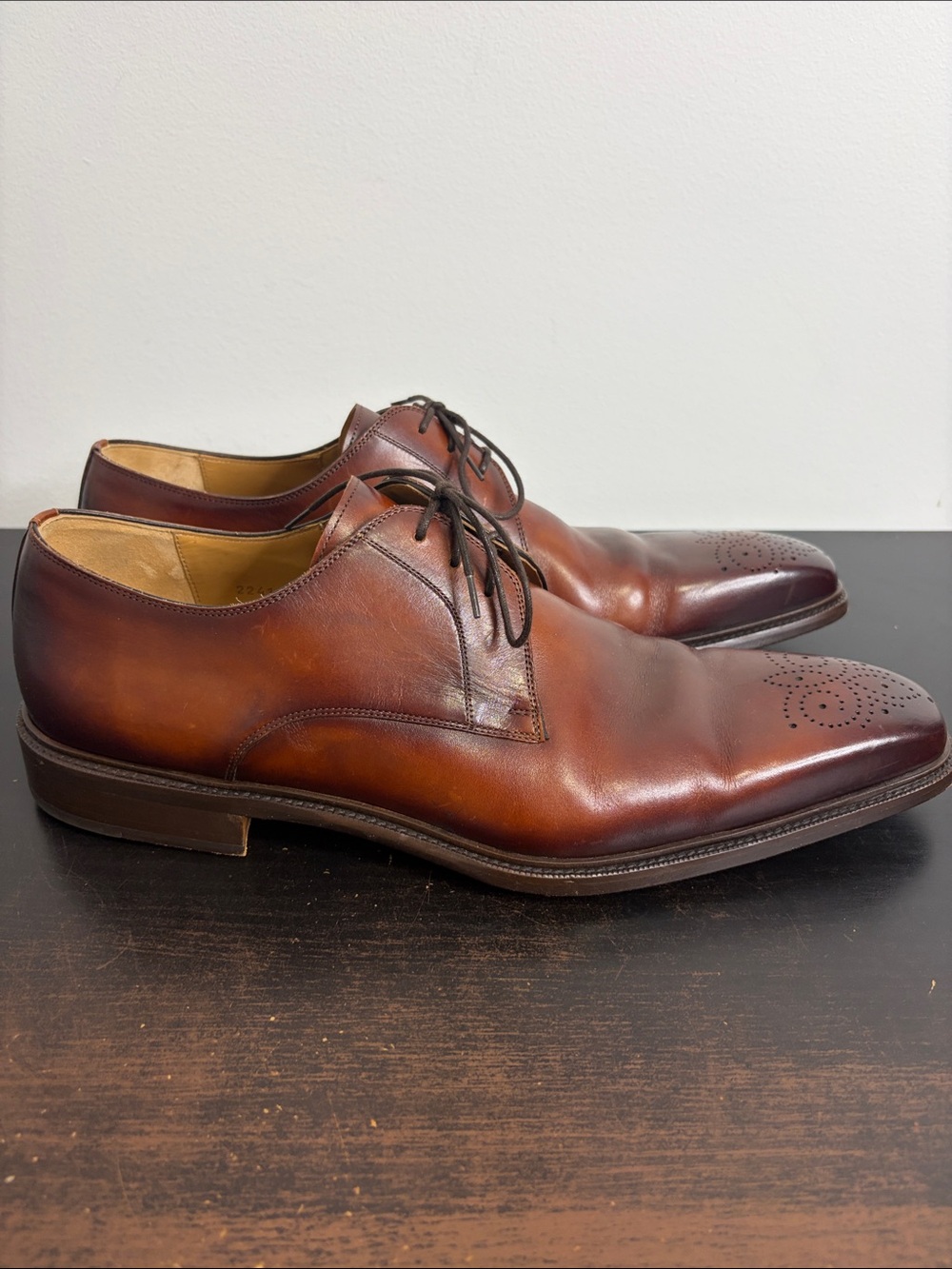 Magnanni Dress Shoes Mens 14 Brown Leather Derby Brogue Square Toe Formal Luxury